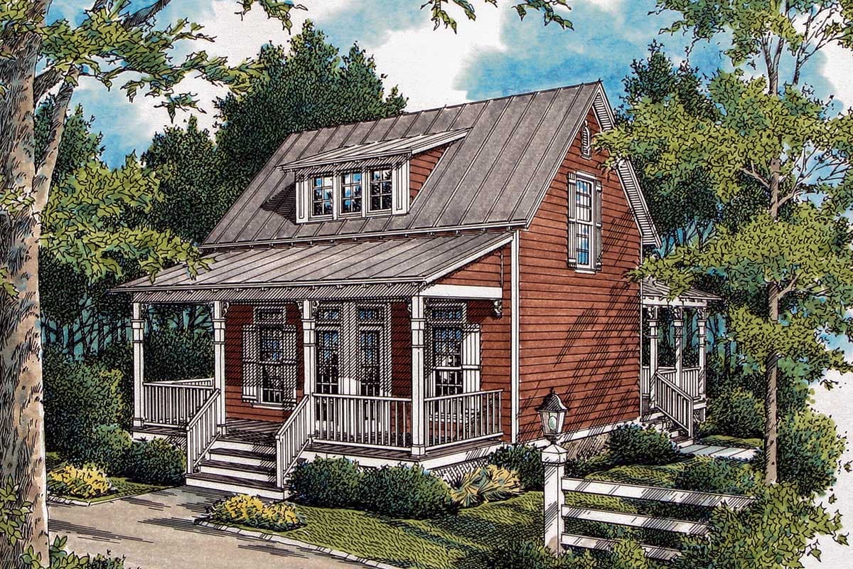 House plan exterior: Two-story cottage with wraparound porch, metal roof, and dormer window.