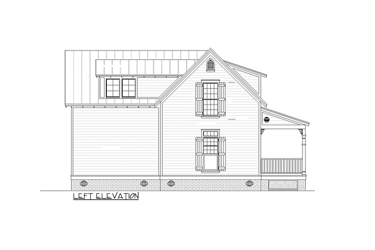 Left elevation house plan: Two stories, gambrel roof, gabled dormer, shutters, and covered porch with railing.