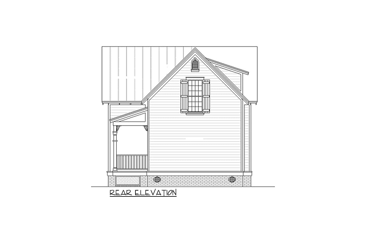 Rear elevation drawing of a house plan featuring a metal roof, a covered porch, and a central gable with a window.