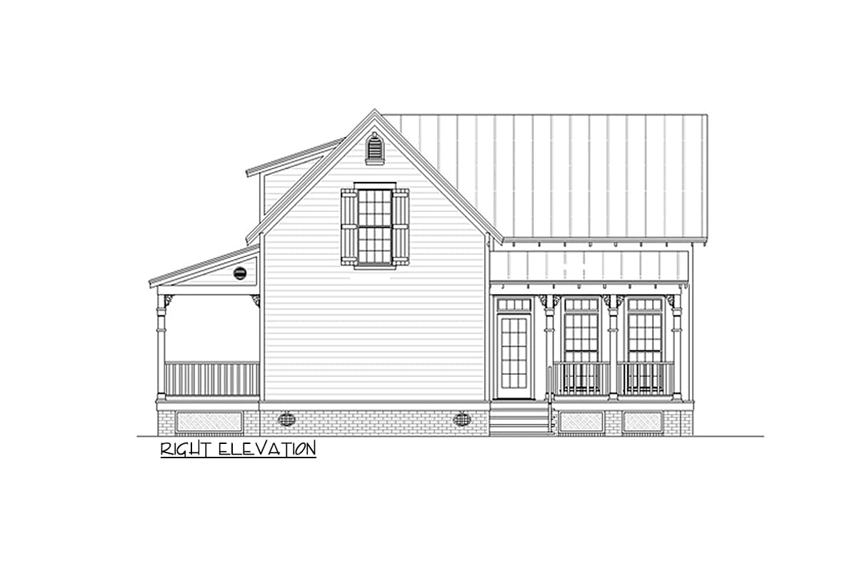 Right elevation drawing of a house plan featuring a side porch, gabled dormer, and metal roof.