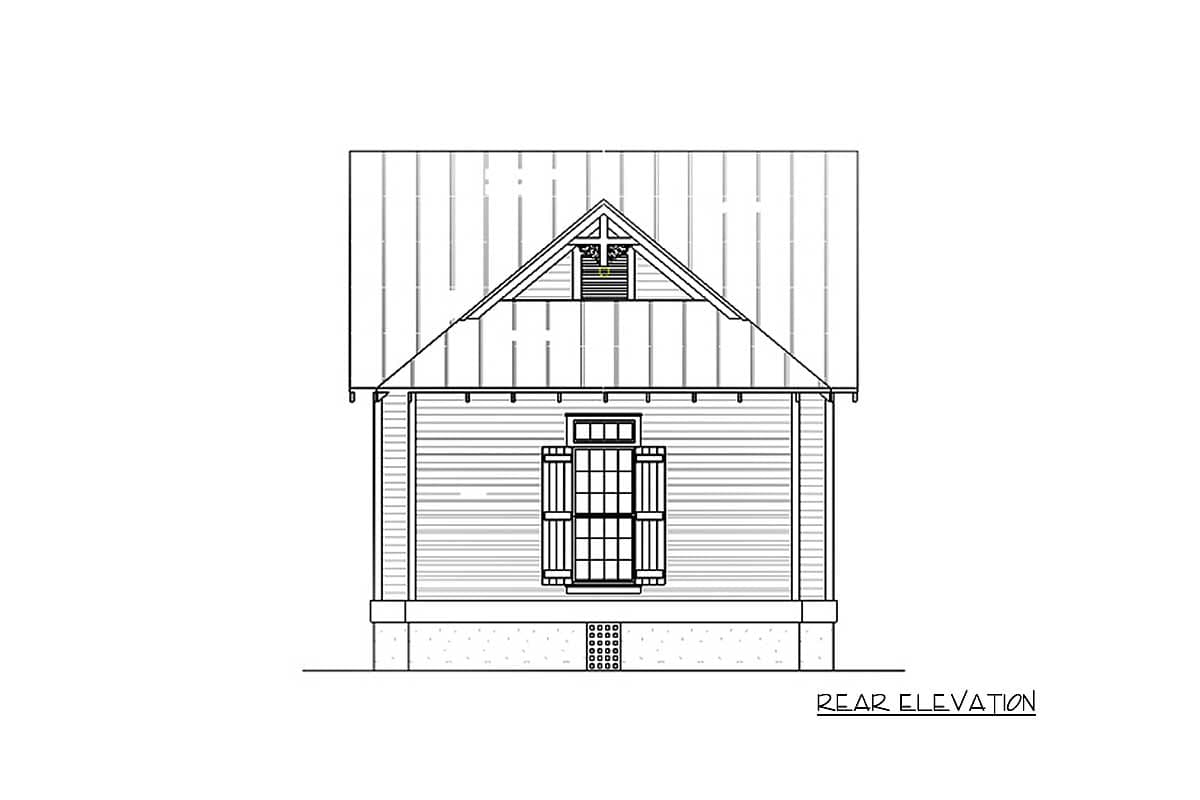 Rear elevation drawing of a house plan with a gable roof, a dormer window, and a single window with shutters.