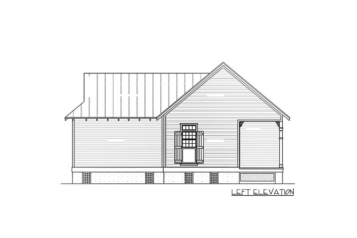 Left elevation drawing of a house plan with a gabled roof, siding, front porch, and a central window.