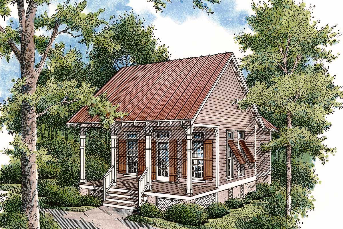 House plan exterior: One-story cottage with gabled roof, front porch with columns, and double-hung windows with shutters.