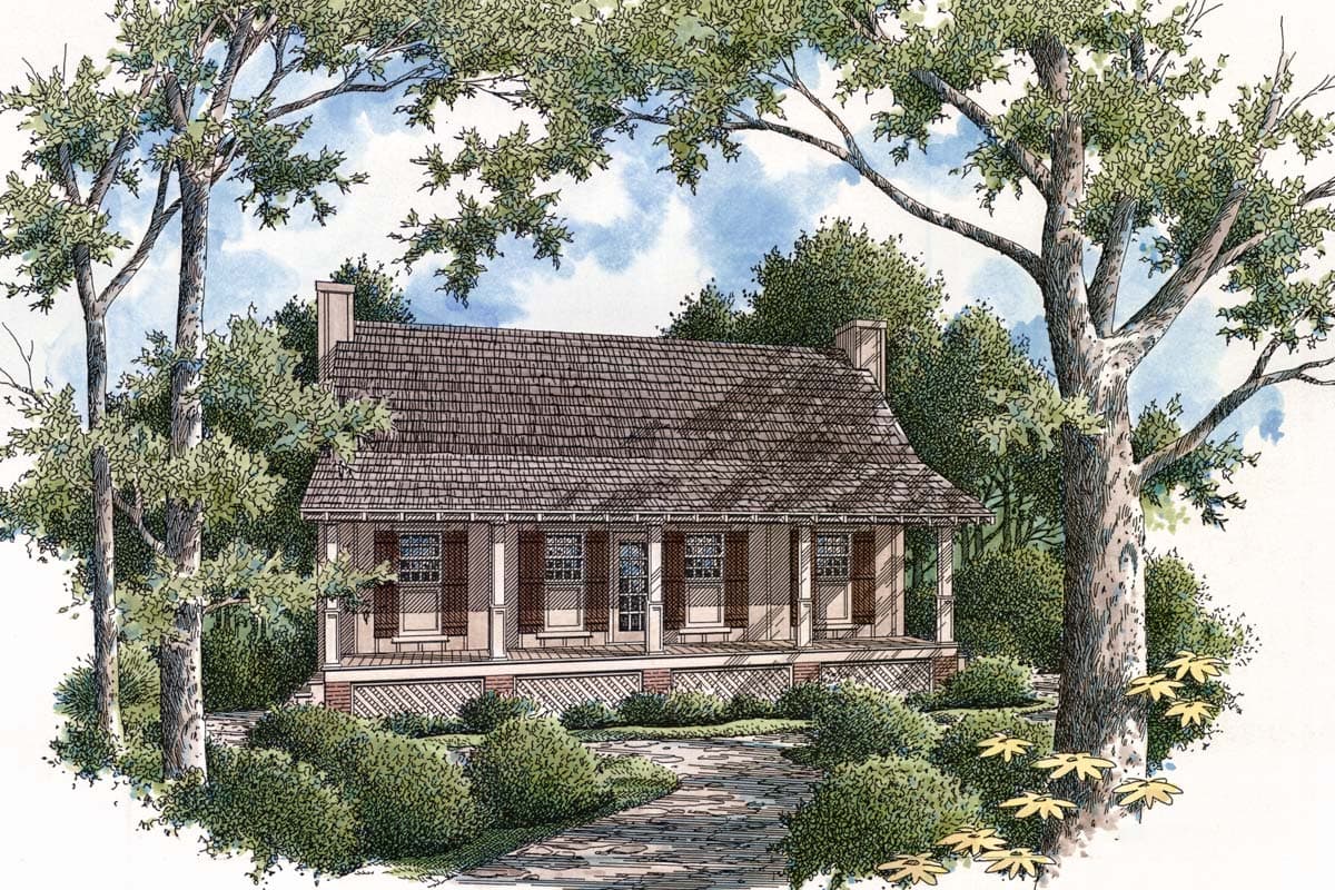 House plan exterior: one-story home with a full-width covered porch, columns, gabled roof, and dormers.