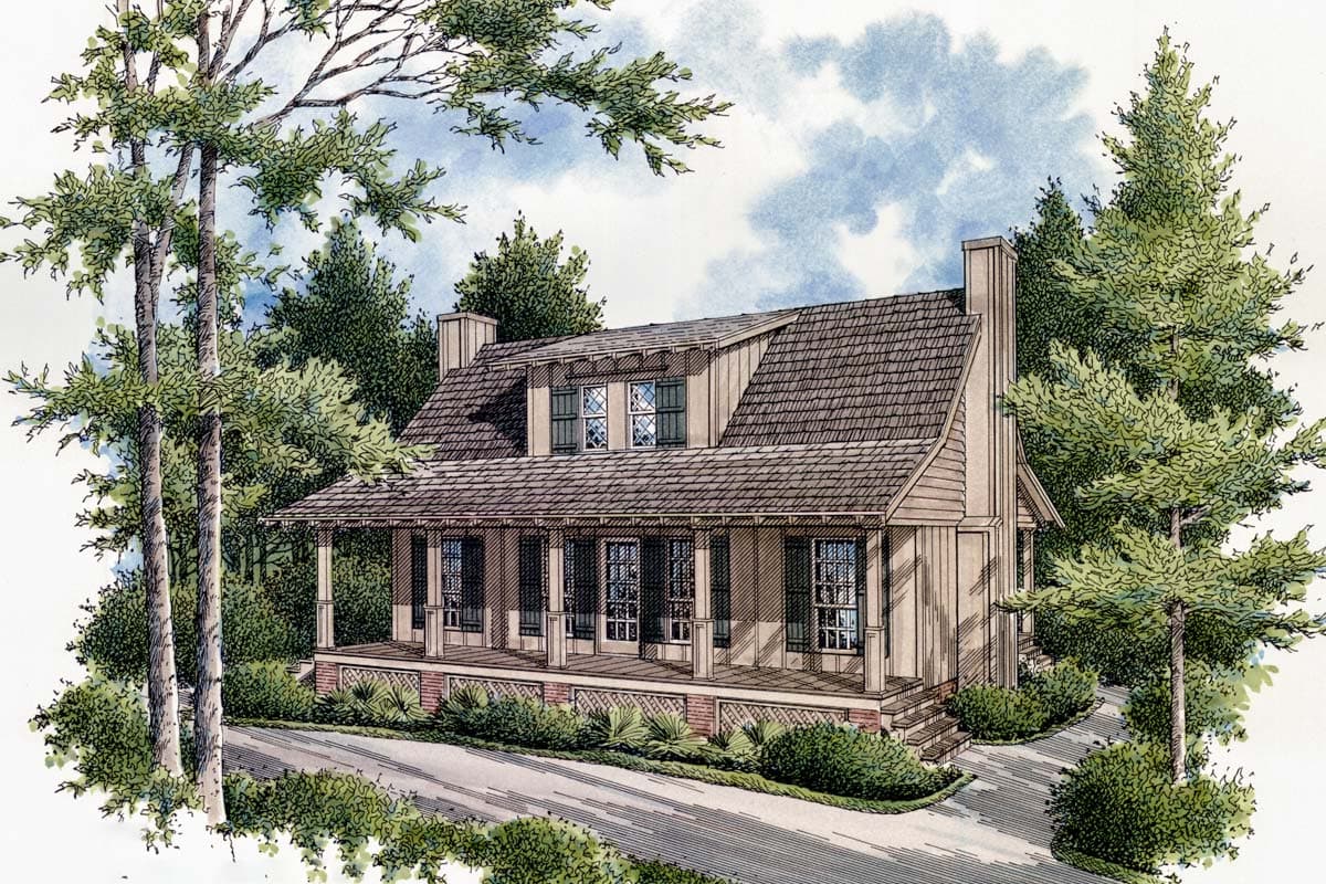 House plan exterior: One-and-a-half story home with full-width front porch, dormer windows, and a prominent chimney.