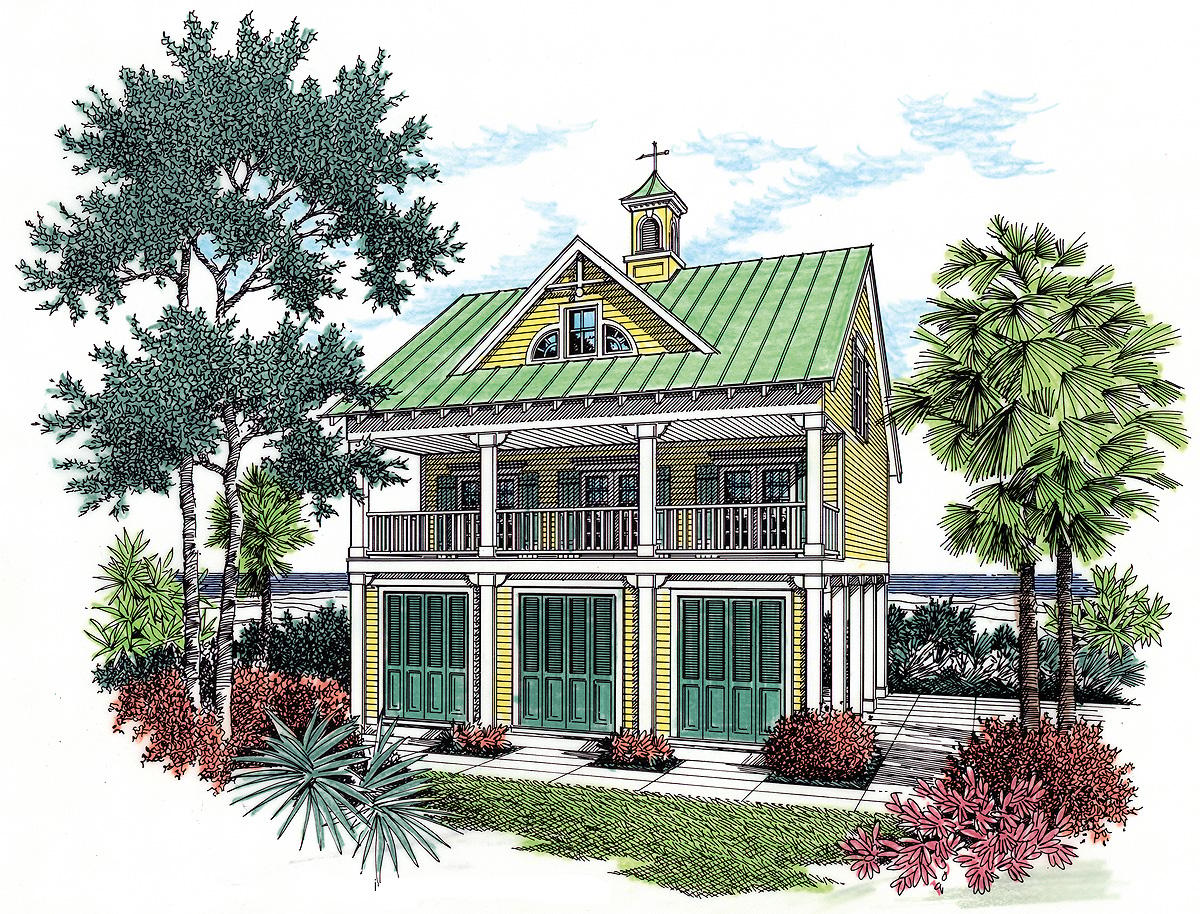 House plan exterior of a two-story coastal home on stilts with double porches, green louvered garage doors, and a cupola.