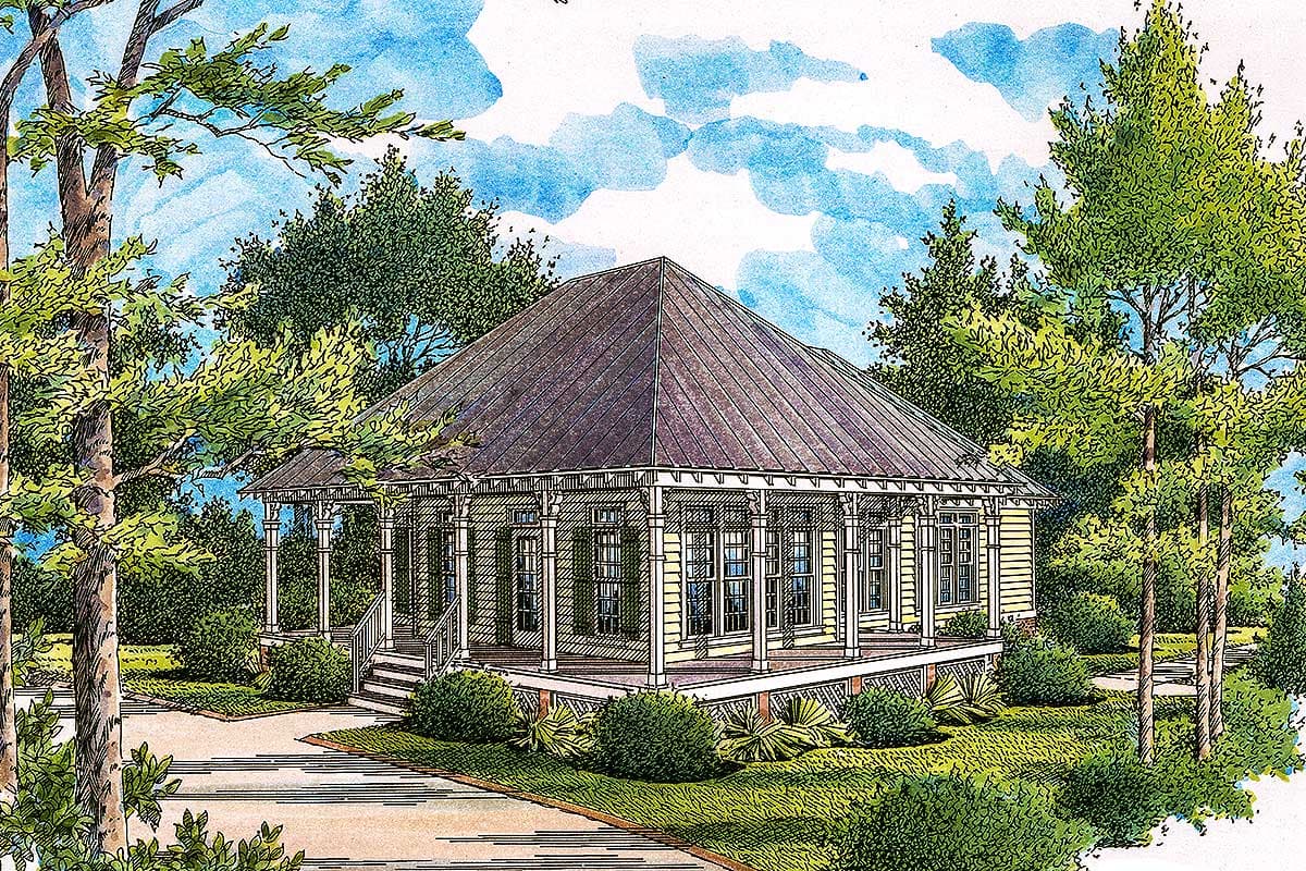 House plan exterior: one-story, hip roof, full wrap-around porch with columns, and gabled dormers.