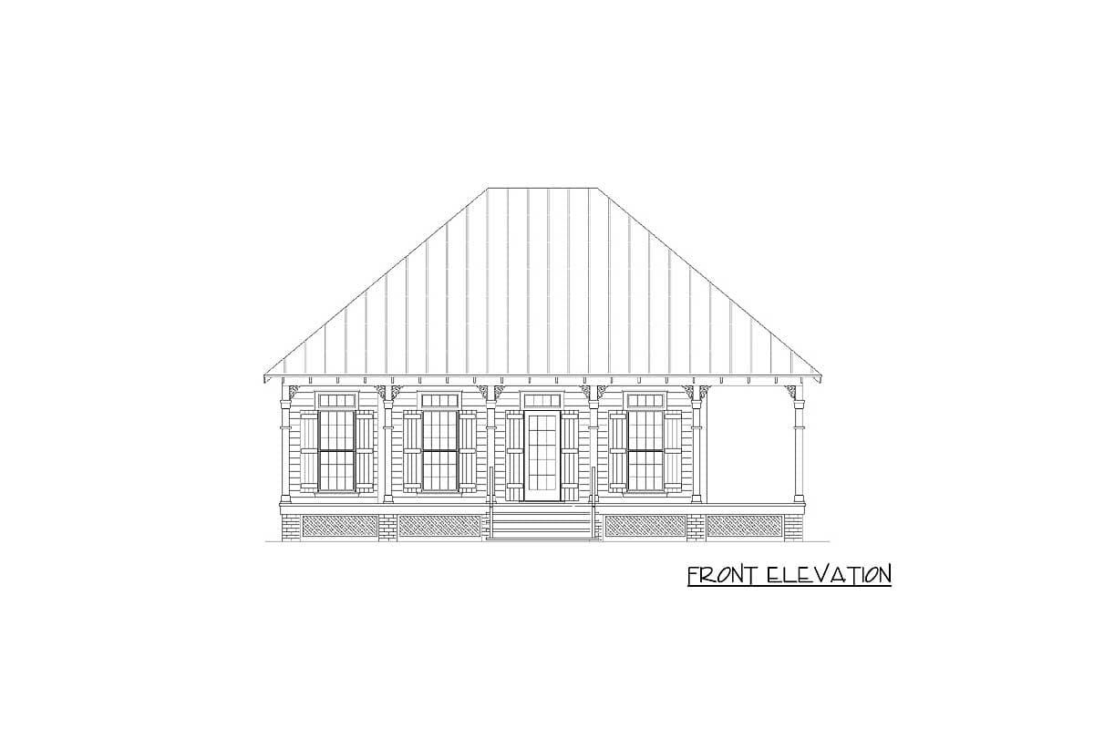 Front elevation drawing of a one-story house plan featuring a large gabled roof, porch with columns, and multiple windows.