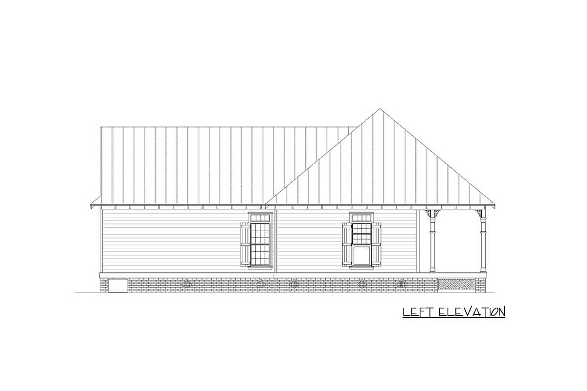 Left elevation house plan with a metal roof, lap siding, two windows, and a covered front porch with turned columns.