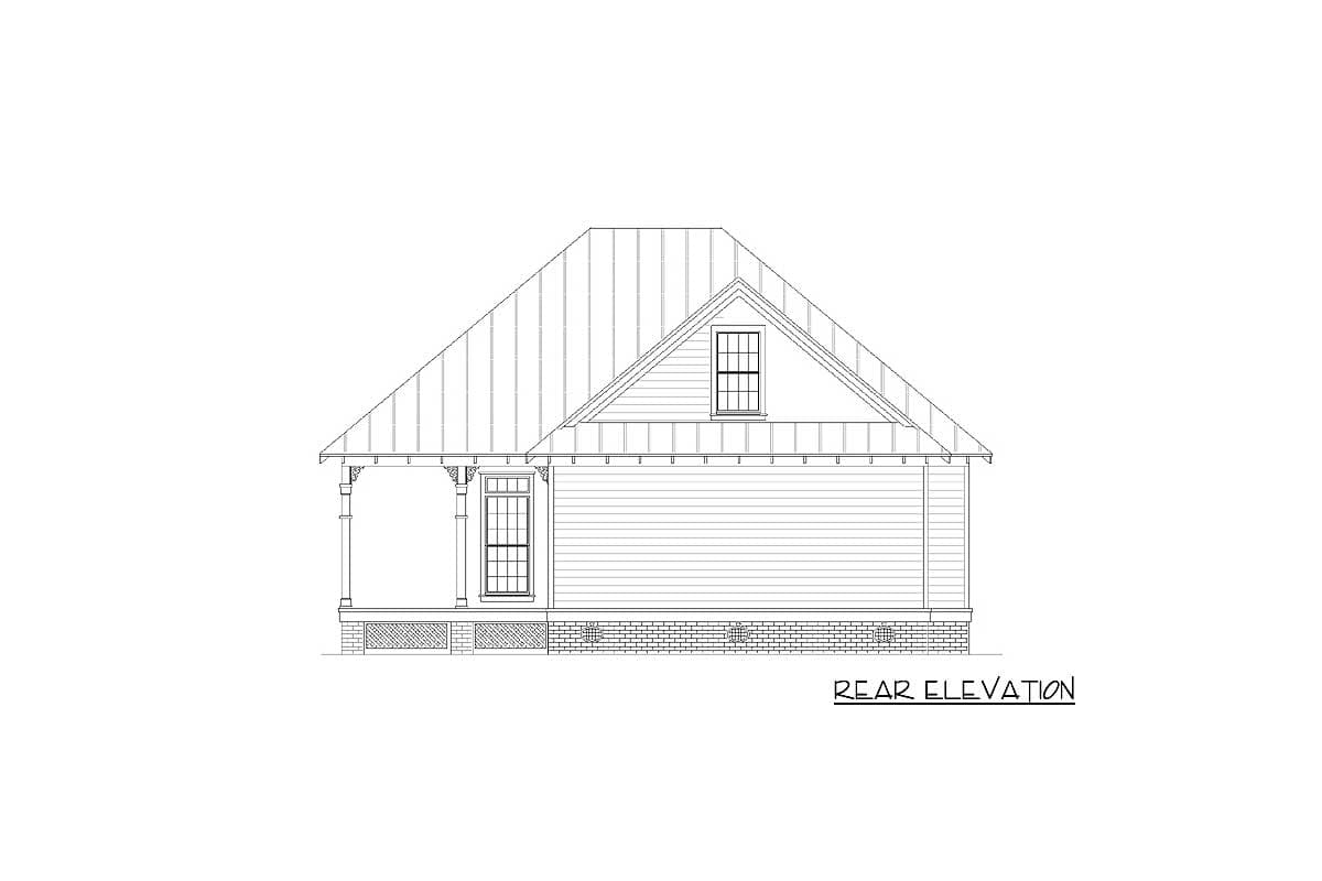 Rear elevation drawing of a one-story house with a gabled metal roof, dormer window, and front porch supported by columns.