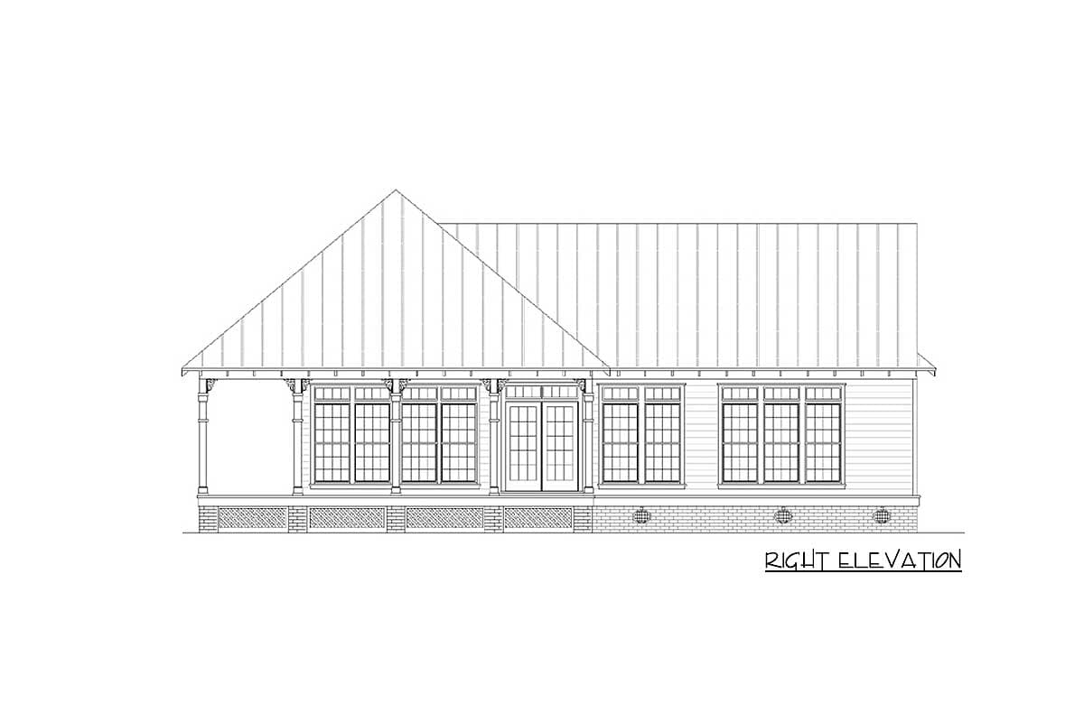 House plan right elevation featuring a full-width covered porch with columns, multiple windows, and a metal gable roof.