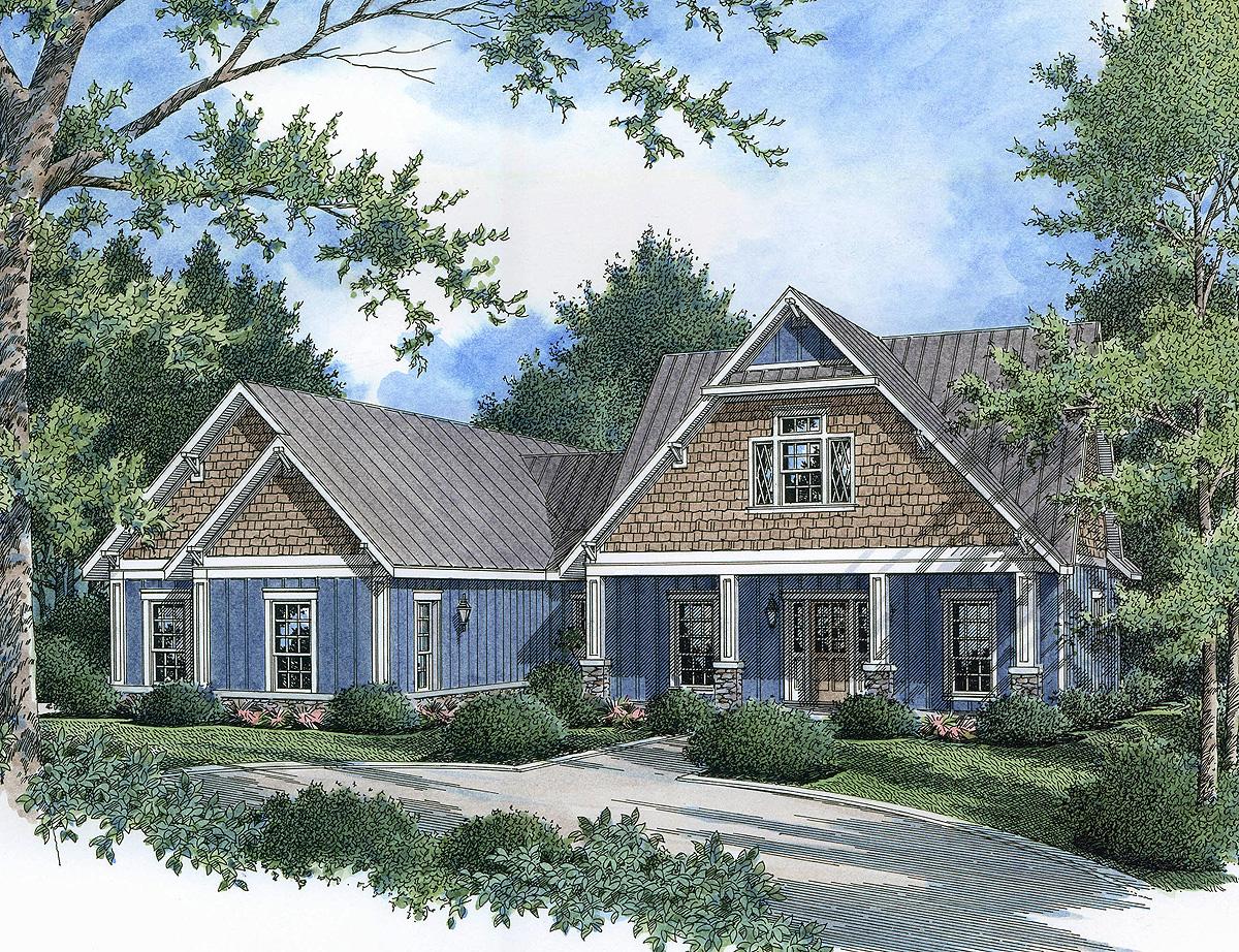 House plan exterior: Modern Farmhouse style, one story, with a covered front porch, metal roof, and shingle accents.