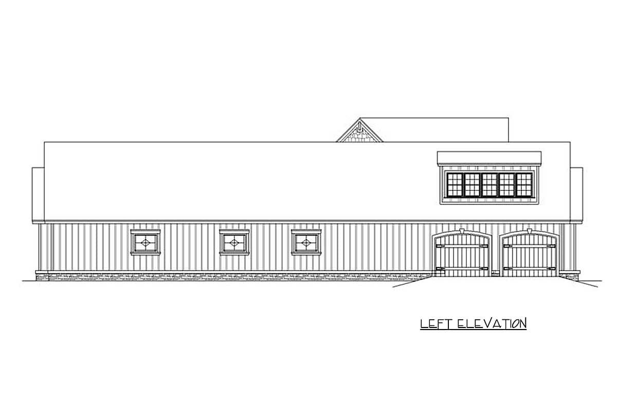 Left elevation drawing of house plan showing two garage bays, three small windows, and one large upper window.