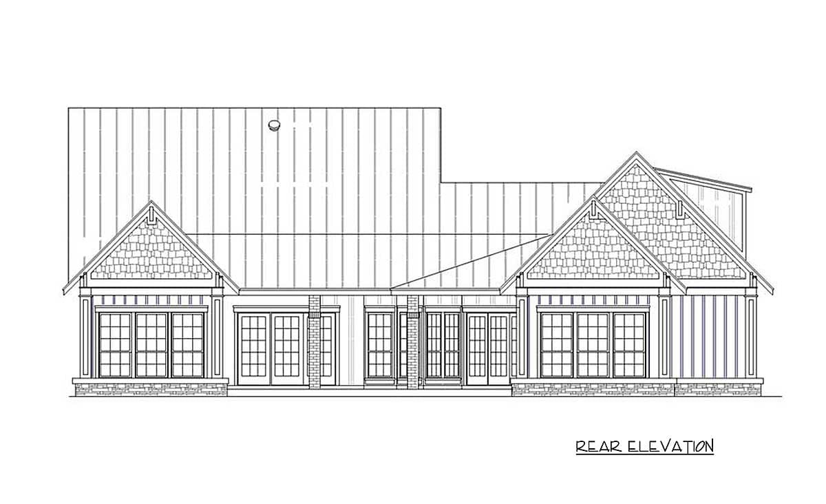 Rear elevation of a single-story house plan with gabled dormers, large windows, and double doors.