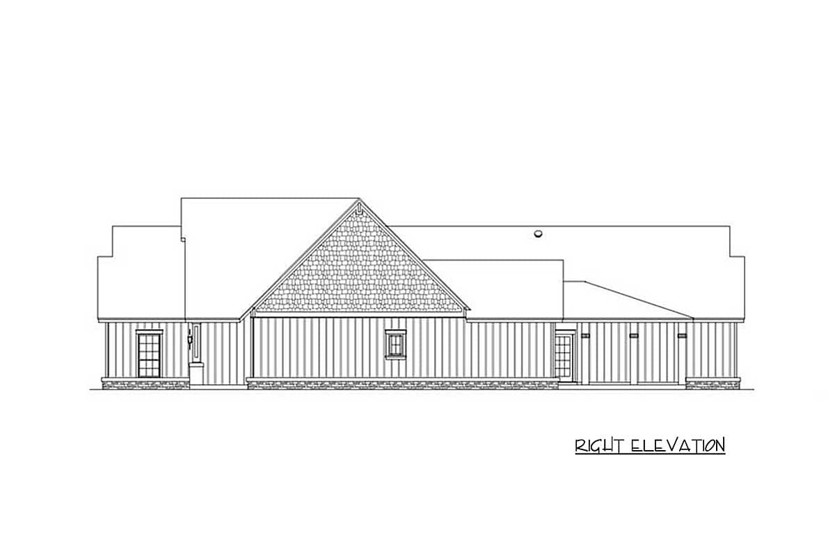 Right elevation drawing of a house plan with board-and-batten siding, a prominent gable with shake siding, and a covered entry.