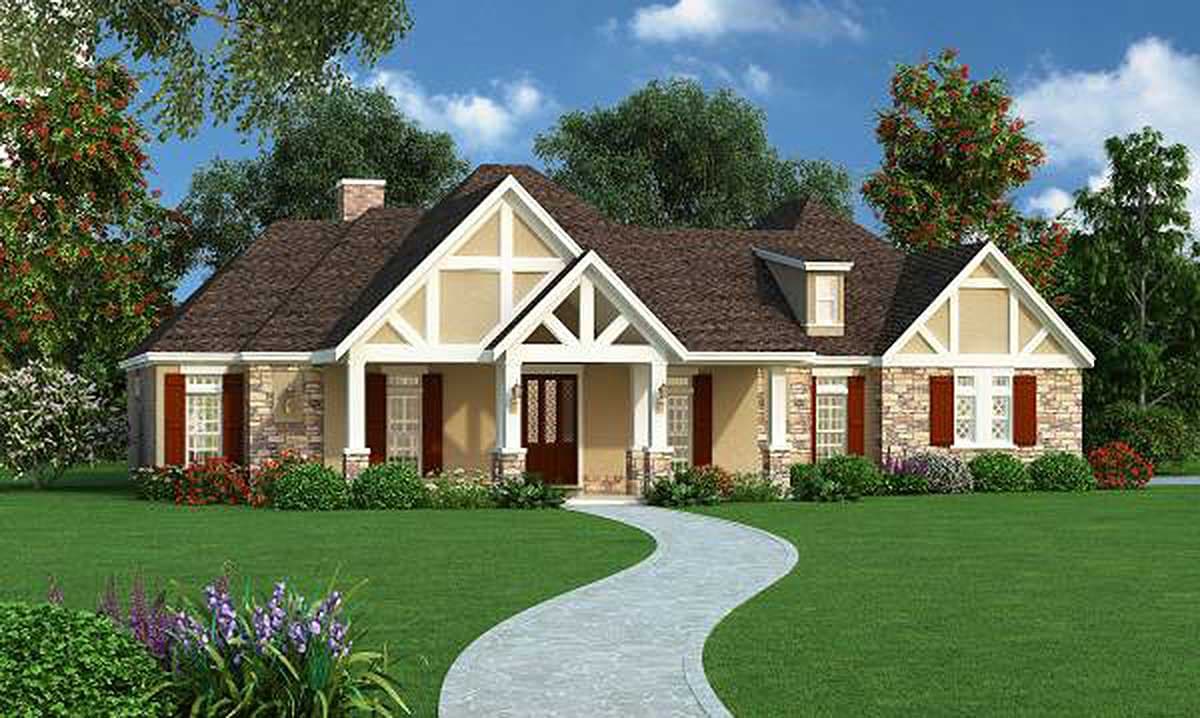 House plan exterior: Ranch style, single story, with gabled dormers, a prominent front porch with stone accents, and stone facade.