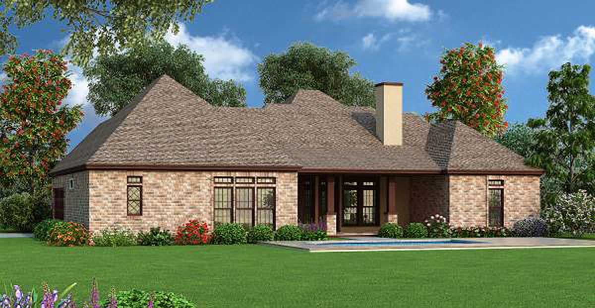 House plan exterior view of a one-story brick home with multiple gables, a chimney, and a covered patio.