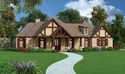 One Level Tudor Home Plan
