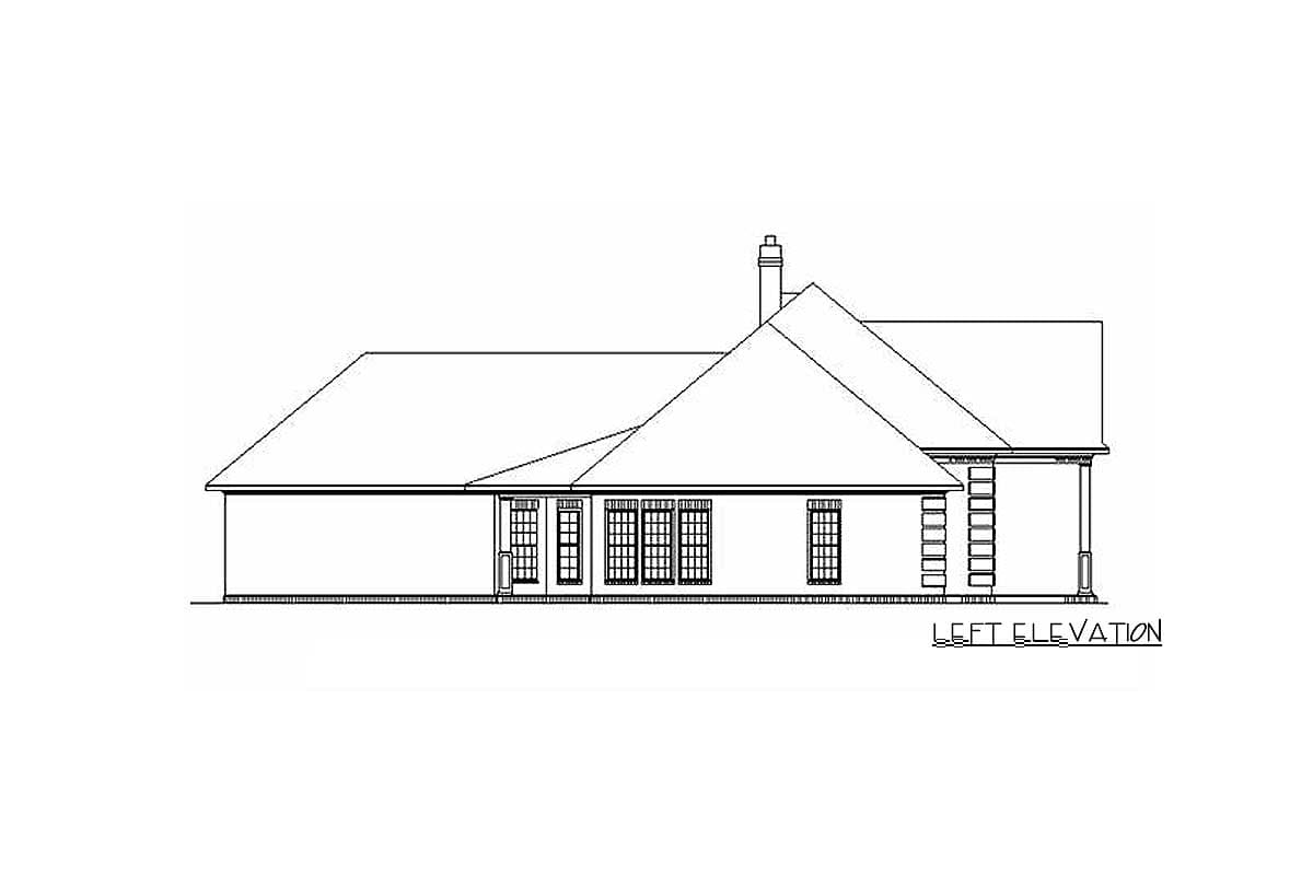 Left elevation house plan with a prominent gable roof, chimney, and multiple windows.