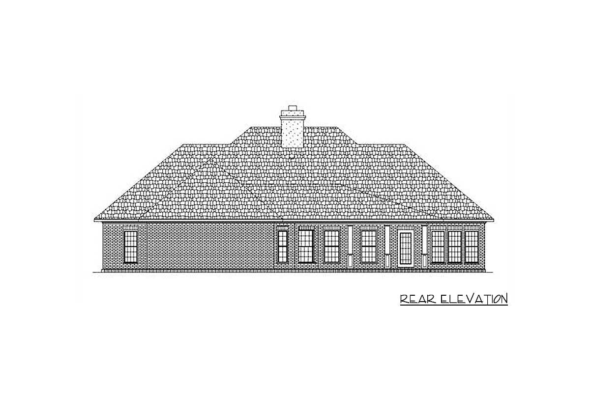 Rear elevation drawing of a one-story house with brick exterior, multi-pane windows, and a central dormer.