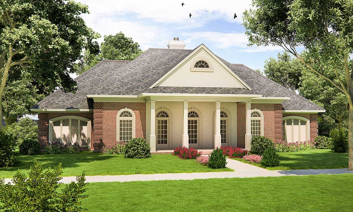 House plan exterior: One-story brick home with prominent central portico, arched windows, and a prominent gable dormer.