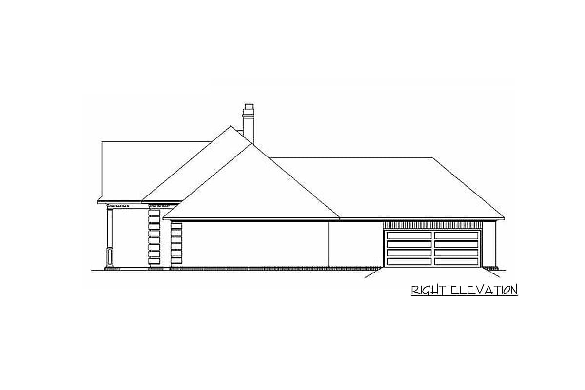 Right elevation drawing of a house plan showing a gabled roof, chimney, covered entrance, and attached garage.