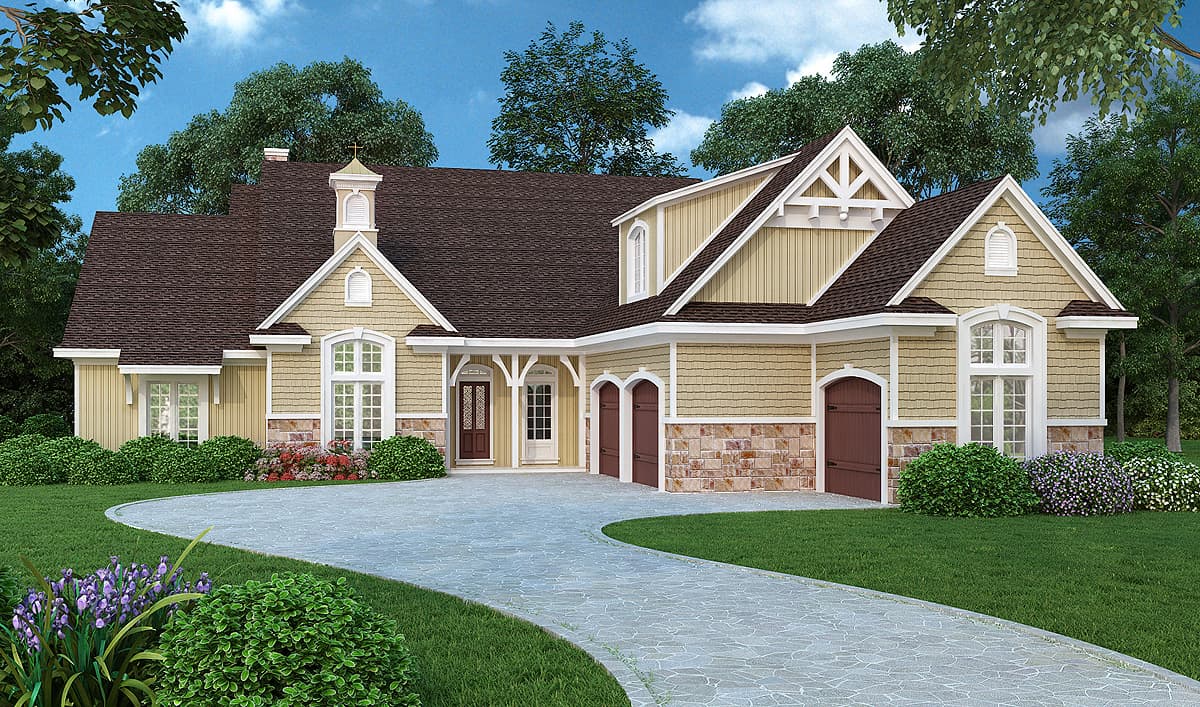 House plan exterior: Multi-story Craftsman style with front-facing gables, arched dormer, portico entrance, and a three-car garage.
