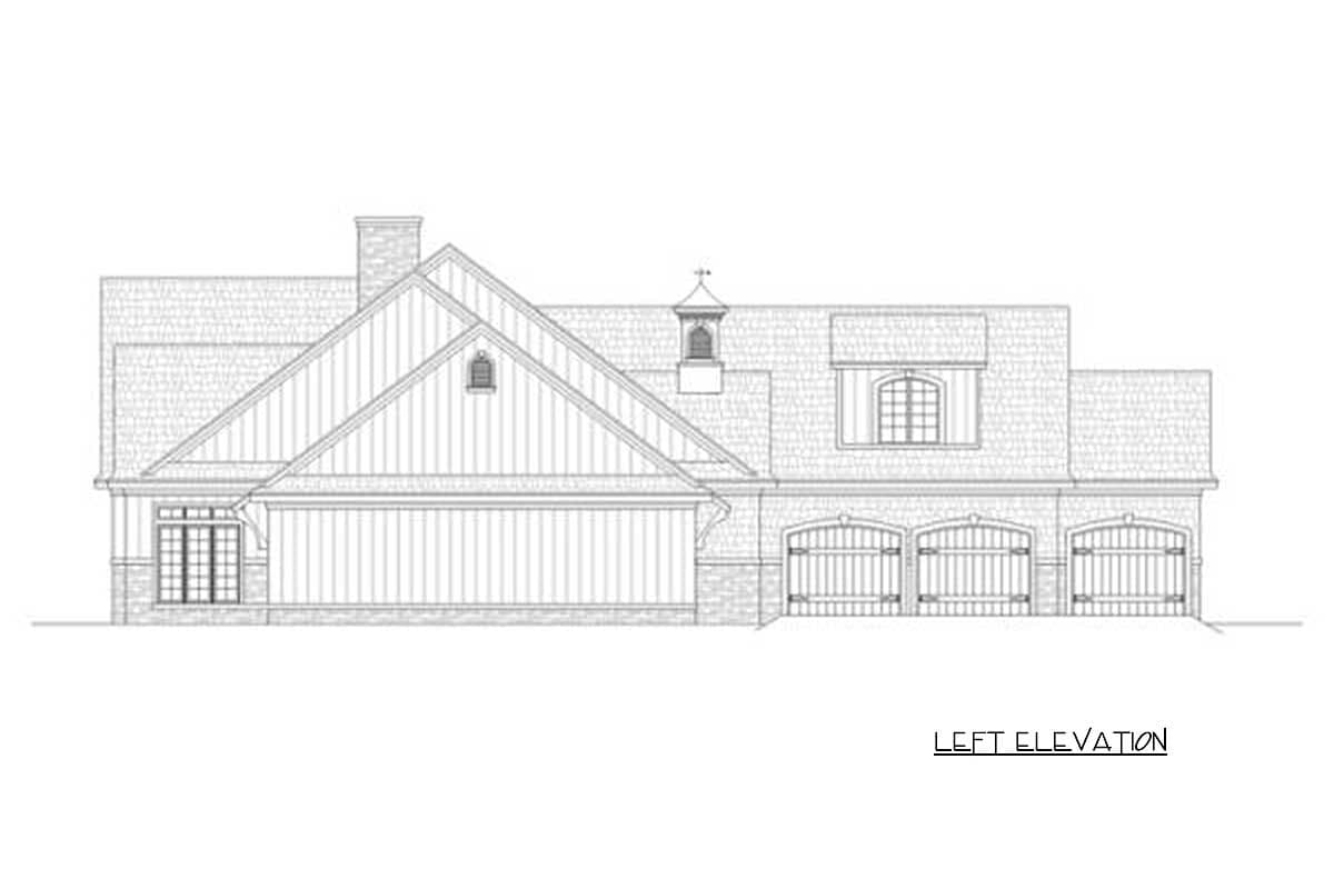 Left elevation house plan with gabled dormer, cupola, shed dormer, and three garage doors.