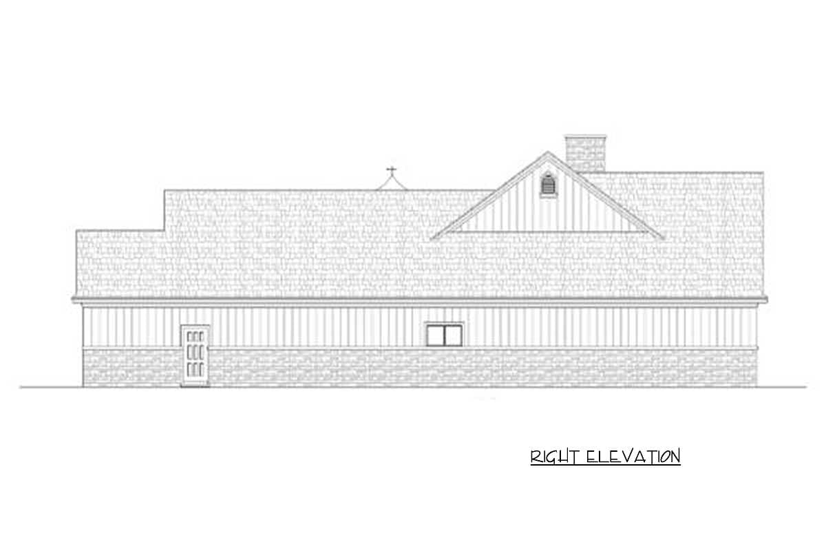 Right elevation drawing of a house plan featuring a gambrel roof, stone foundation, and board-and-batten siding.