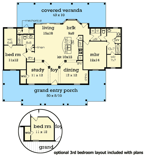 Plan 55141BR: Compact Charming House Plan with 2-Car Garage Option - Floor Plan - Main Level - Cottage, Southern, Traditional