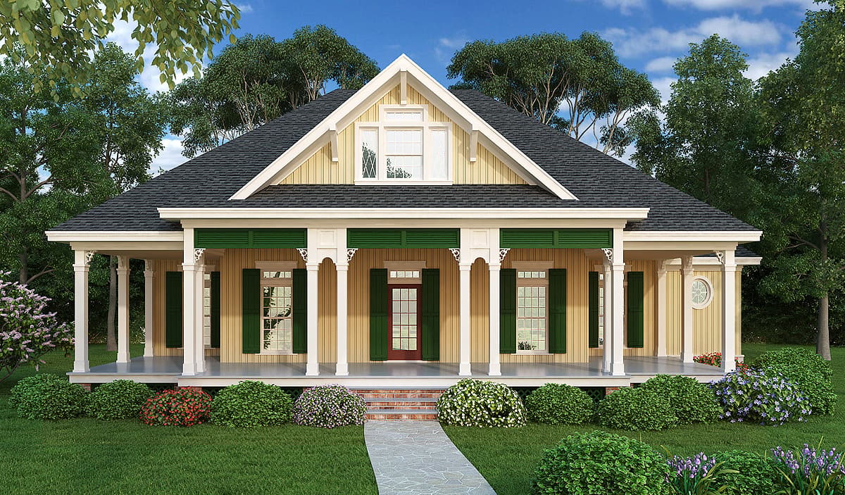 House plan exterior: One-story Craftsman style with a full-width covered porch, gable dormer, and decorative porch columns.