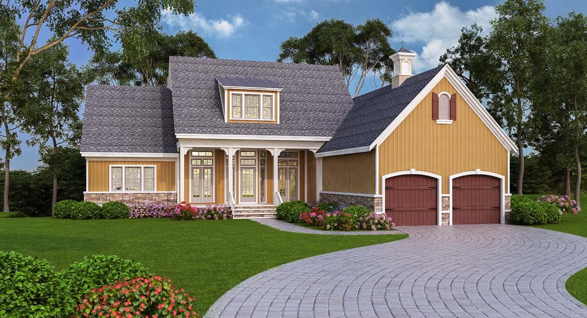 House plan exterior of a 1.5-story home with a covered front porch, dormer window, and attached two-car garage.