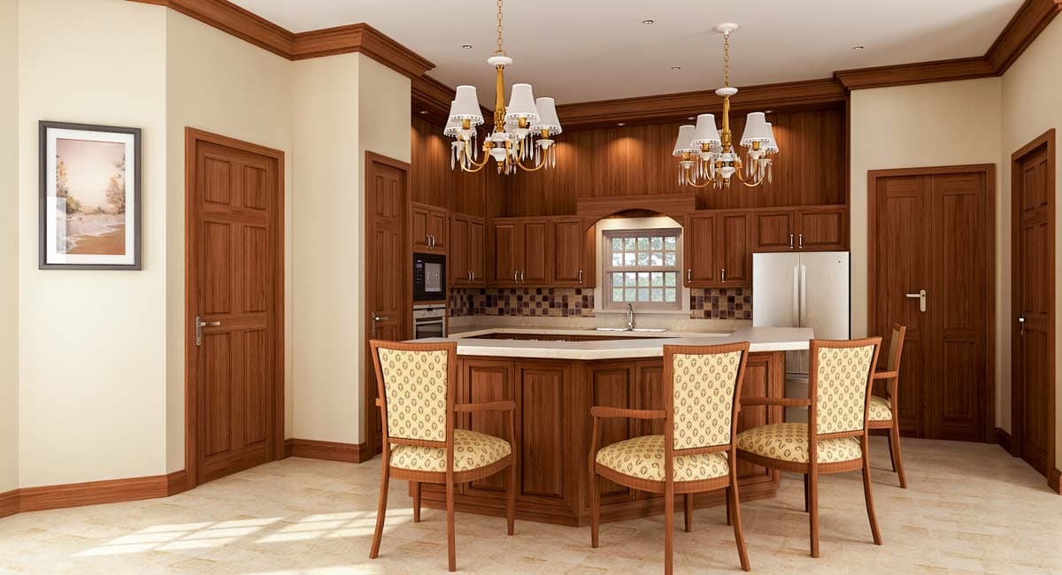Kitchen rendering featuring wood cabinetry, an island with seating, a stainless steel refrigerator, and decorative chandeliers.