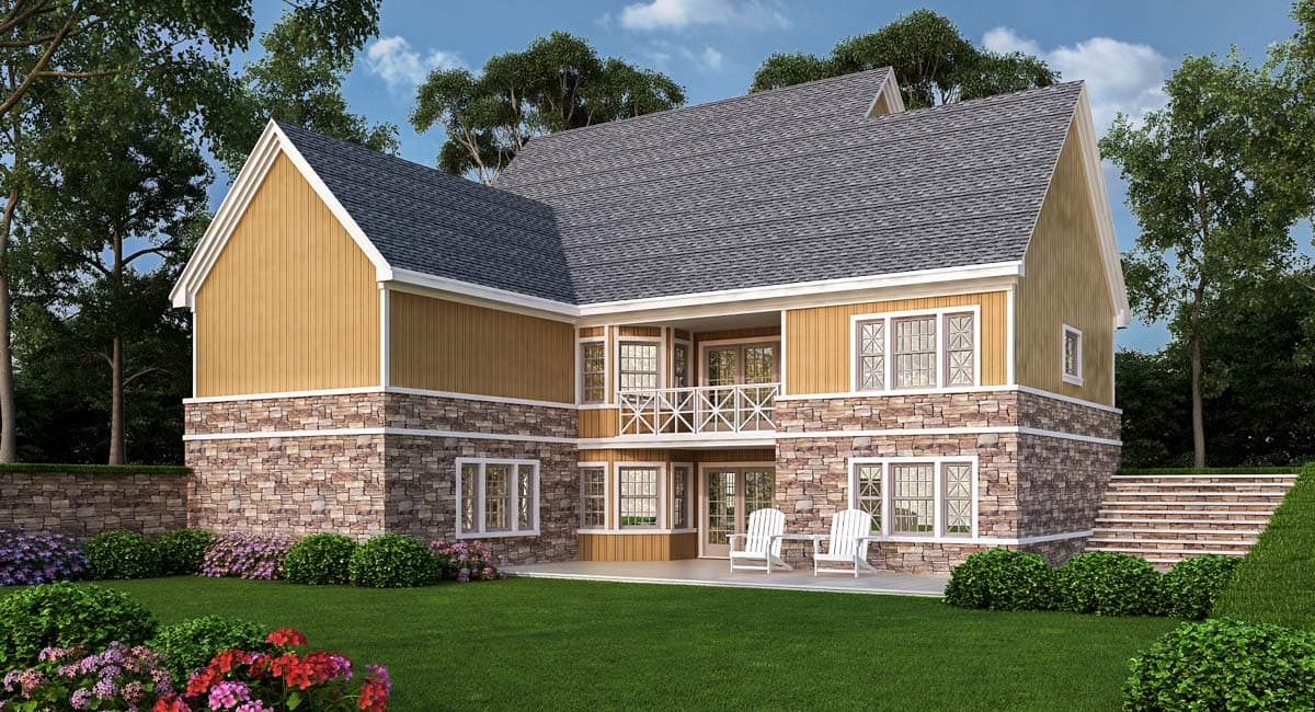 House plan exterior: Two-story Modern Farmhouse with stone base, wood siding, gables, and upper balcony.