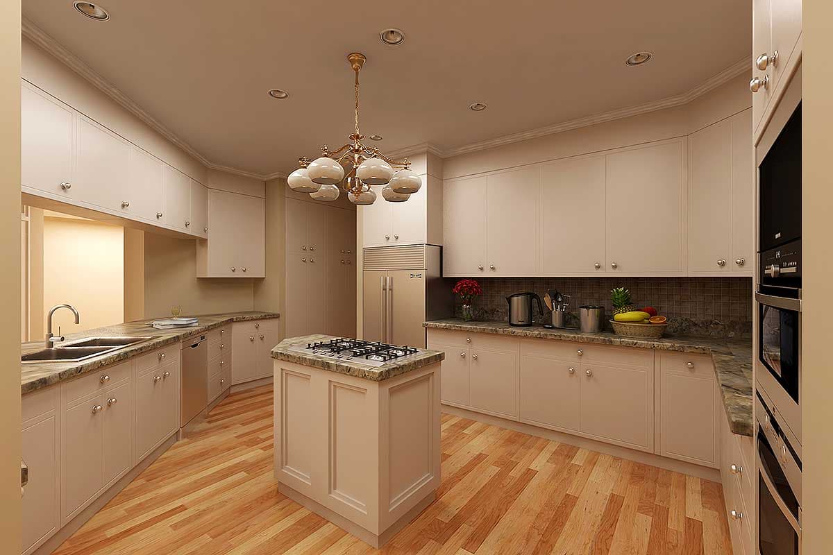 Kitchen with light cabinetry, granite countertops, island with gas cooktop, stainless steel appliances, and wood flooring.