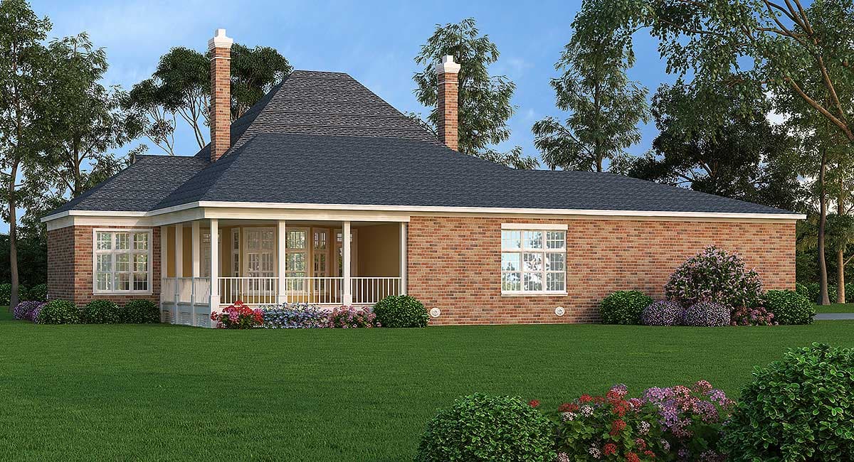 House plan exterior featuring a one-story brick home with a covered porch, multiple gables, and two chimneys.