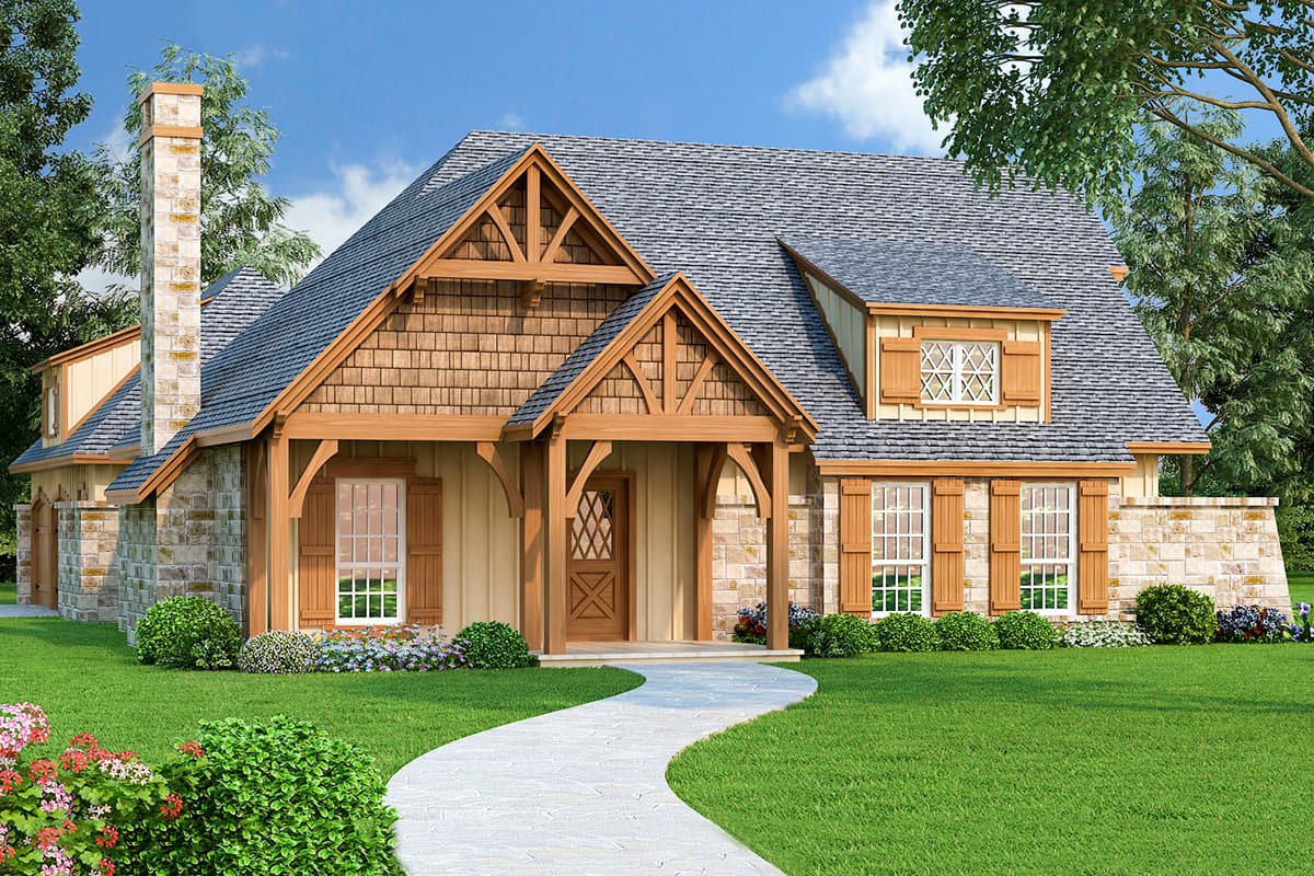 House plan exterior: Two-story home with stone and shake siding, prominent gables, exposed beams, and a covered entry porch.