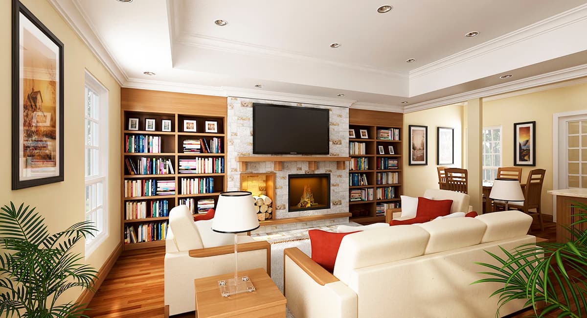 Living room with fireplace, built-in bookshelves, seating area, and dining nook.