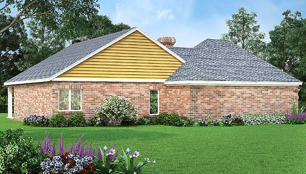 House plan exterior view of a one-story home with brick siding, gabled roof, and horizontal siding on gables.