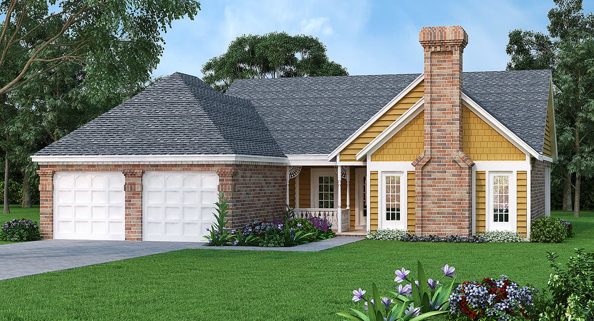 House plan exterior: single-story home with attached two-car garage, brick accents, prominent chimney, and covered front porch.