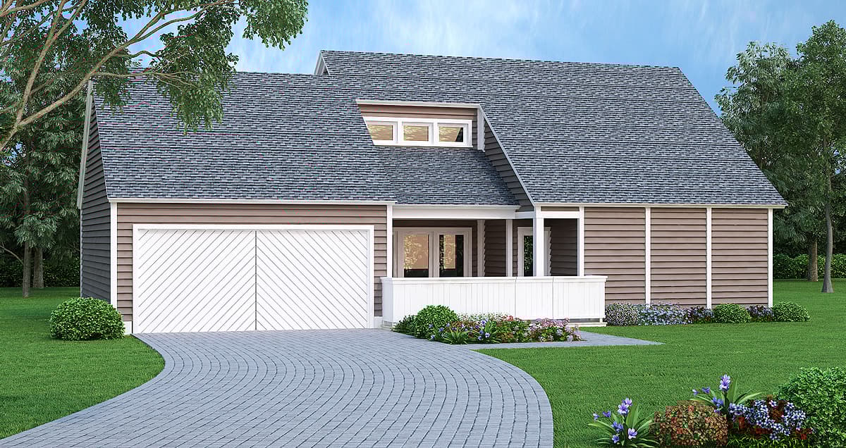 House plan exterior: Modern Farmhouse style with attached garage, dormer, and covered entry.