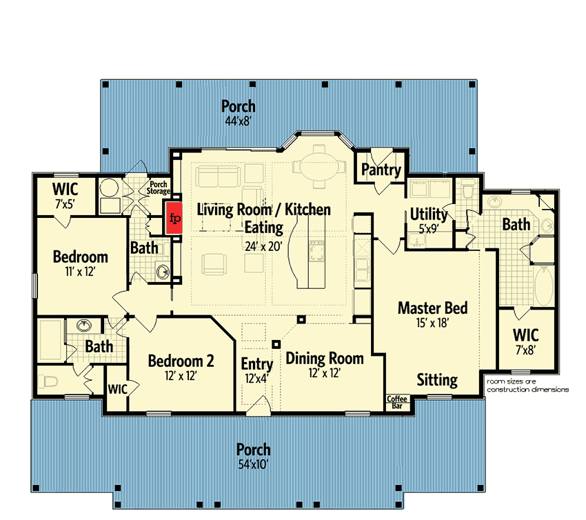 Plan 55155BR: Southern Style 3 Bed Raised Cottage - Floor Plan - Main Level - Cottage, Country, Southern, Traditional