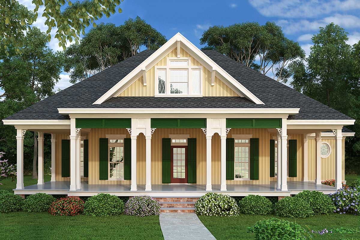 House plan exterior: Single-story home with wrap-around porch, gabled dormers, and decorative column supports.