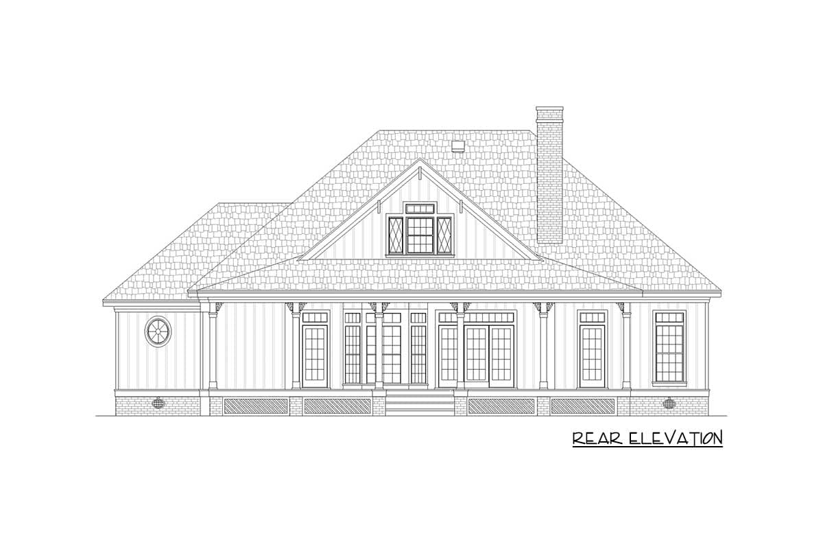Rear elevation house plan: one-story, covered porch with columns, gable dormer, and prominent chimney.