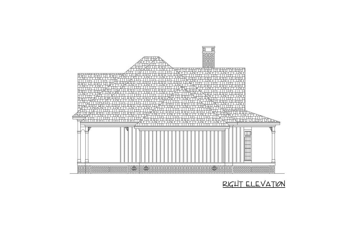 Right elevation drawing of a house plan featuring a pitched roof, chimney, and covered porch with columns.