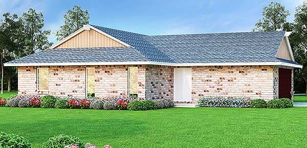 House plan exterior: Ranch style, one story, brick facade, prominent gable with wood siding, and attached garage.
