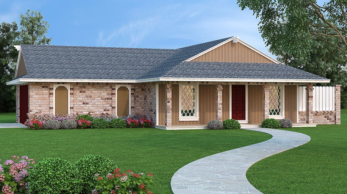 House plan exterior of a one-story home with brick and siding, a covered entry with columns, and decorative windows.