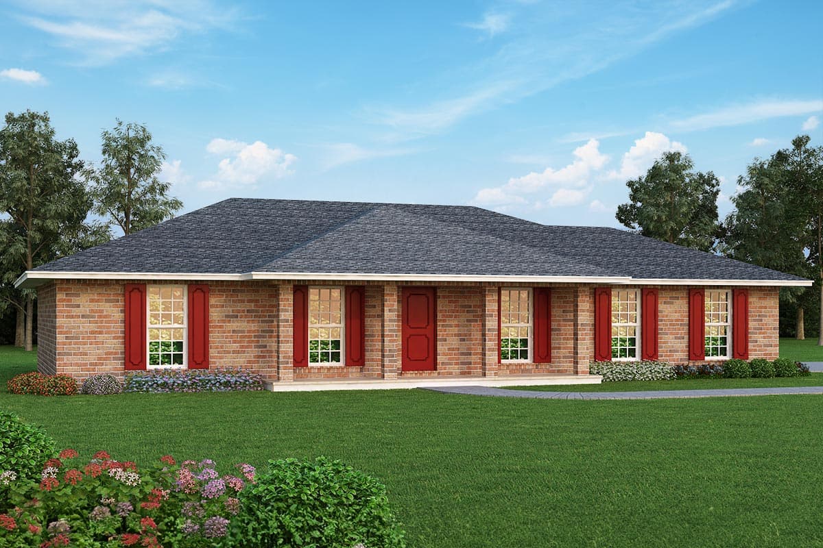 Ranch house plan exterior with brick facade, covered porch, multiple windows, and red shutters.