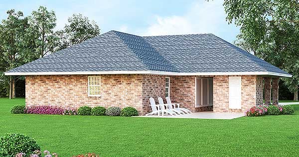 House plan exterior: single-story brick home with a hip roof, covered patio, and large windows.