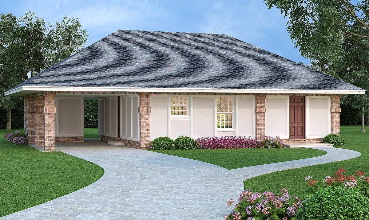 House plan exterior: Single-story with brick accents, a covered carport, shutters, and a central entry door.